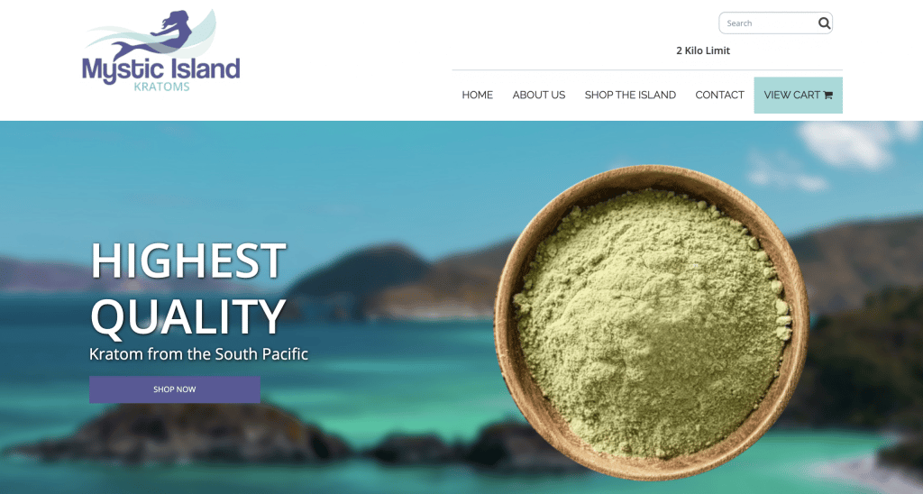 Mystic Island Kratom vendor review showing kratom powder products and packaging